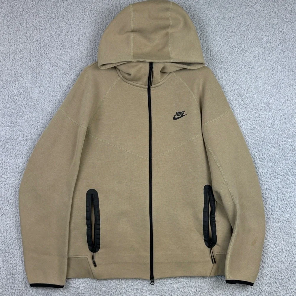 Nike Tech Hoodie Mens Large Tan Full Zip Sportswear Streetwear Hooded Sweatshirt